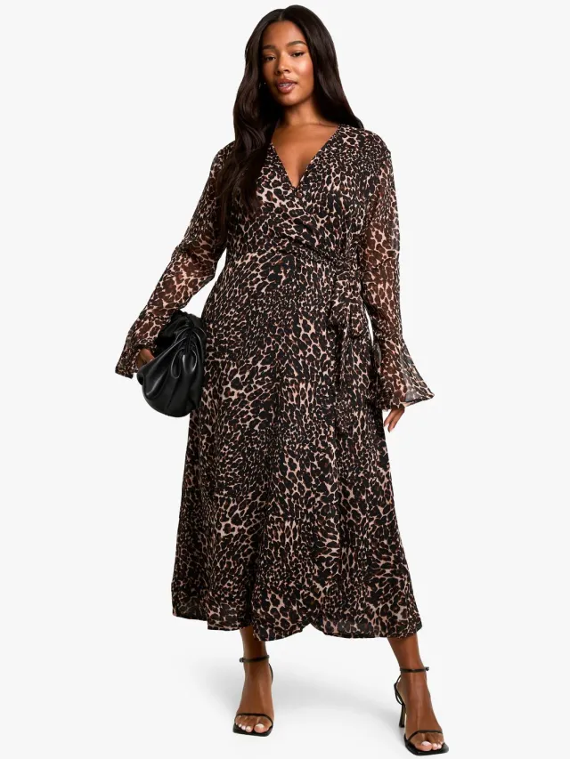 boohoo Dames Plus Chiffon Luipaardprint Wikkel Midaxi Jurk