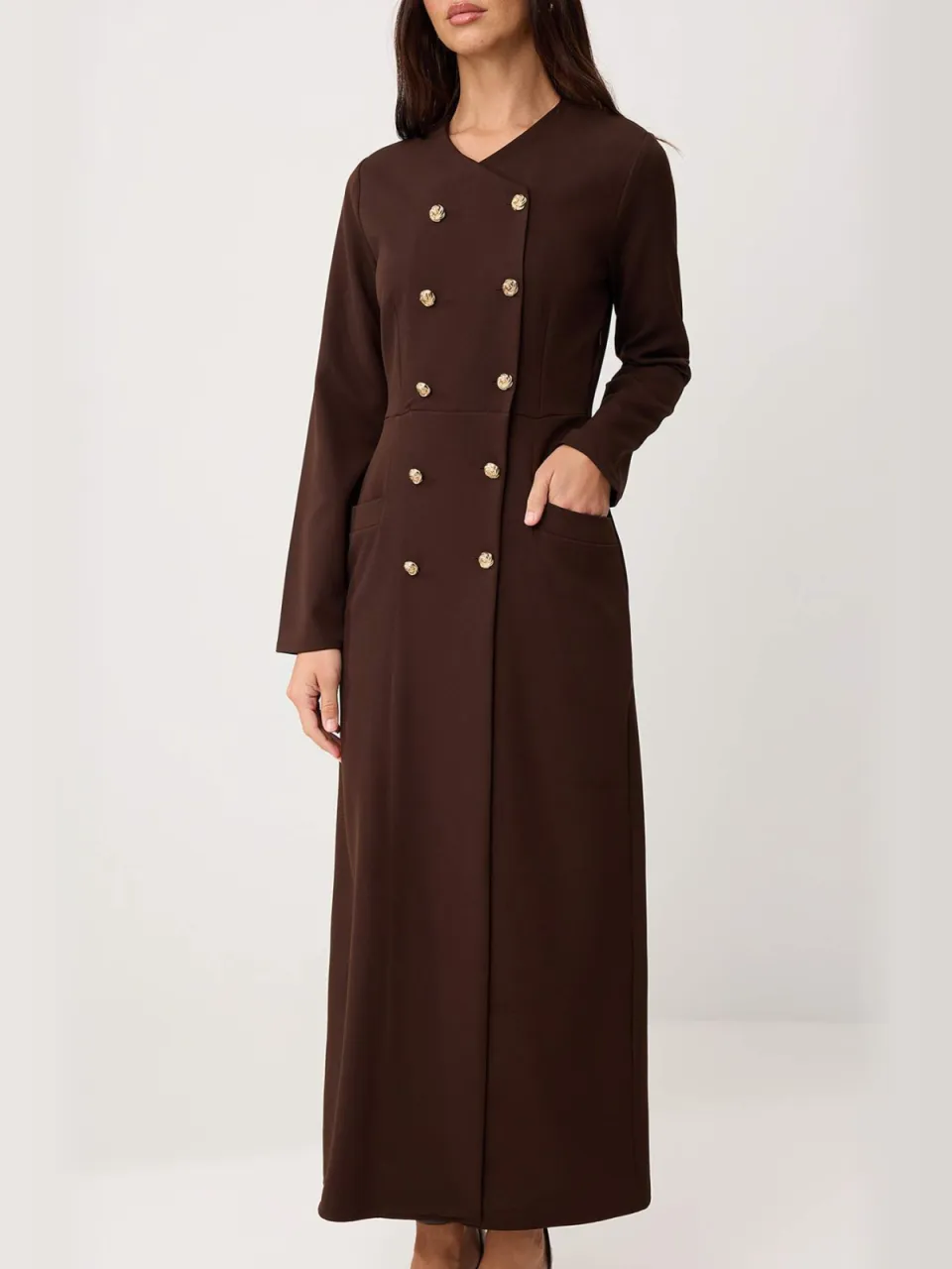 Trendyol Modest Dames Bruin Effen Maxi Lang Zakelijk Double-breasted Modest Jurken, foto 2