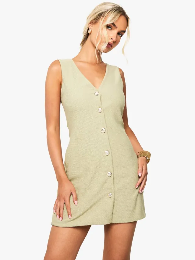 boohoo Dames Gouden knoop V-hals shift jurk Olive