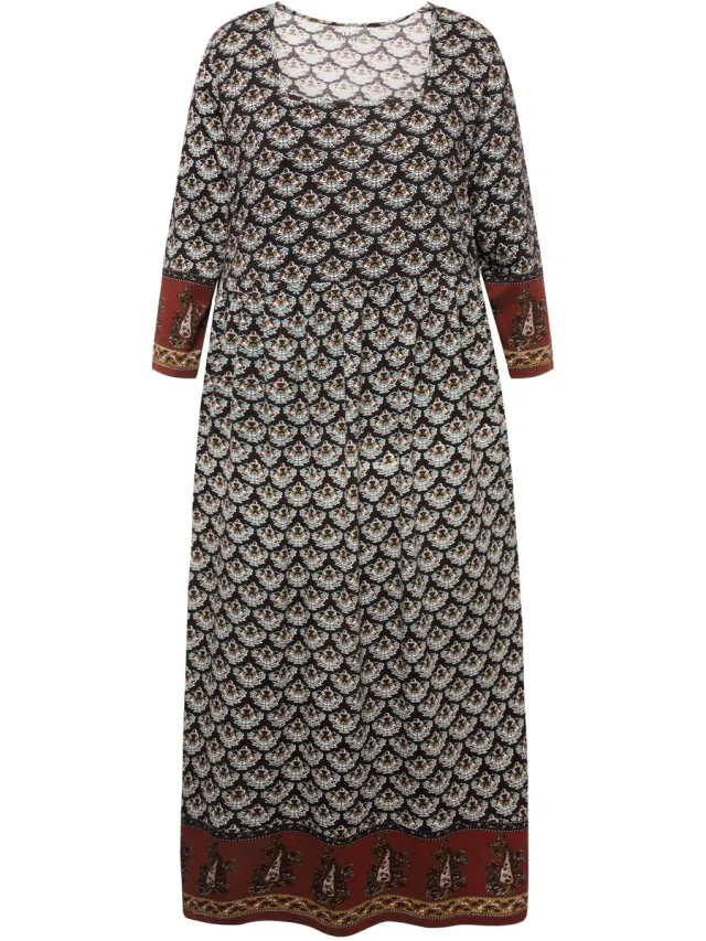 Ulla Popken Dames - Jersey jurk A-lijn vierkante halslijn 3/4 mouwen zakken - Zwart - Maat 54+