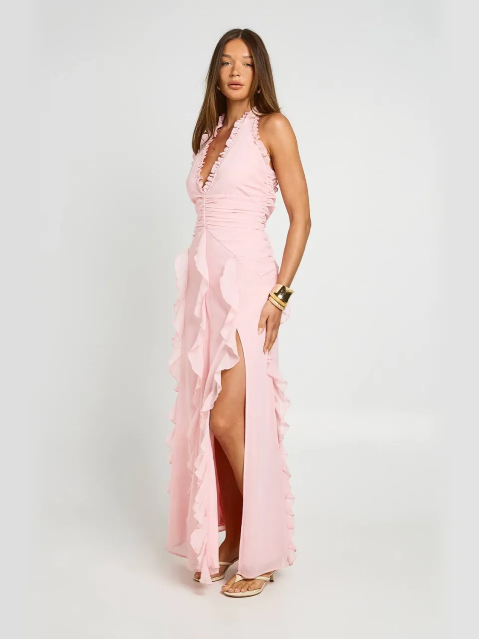 boohoo Dames Chiffon Maxi Jurk Met Ruches Detail En Halternek stoffig roze, foto 2