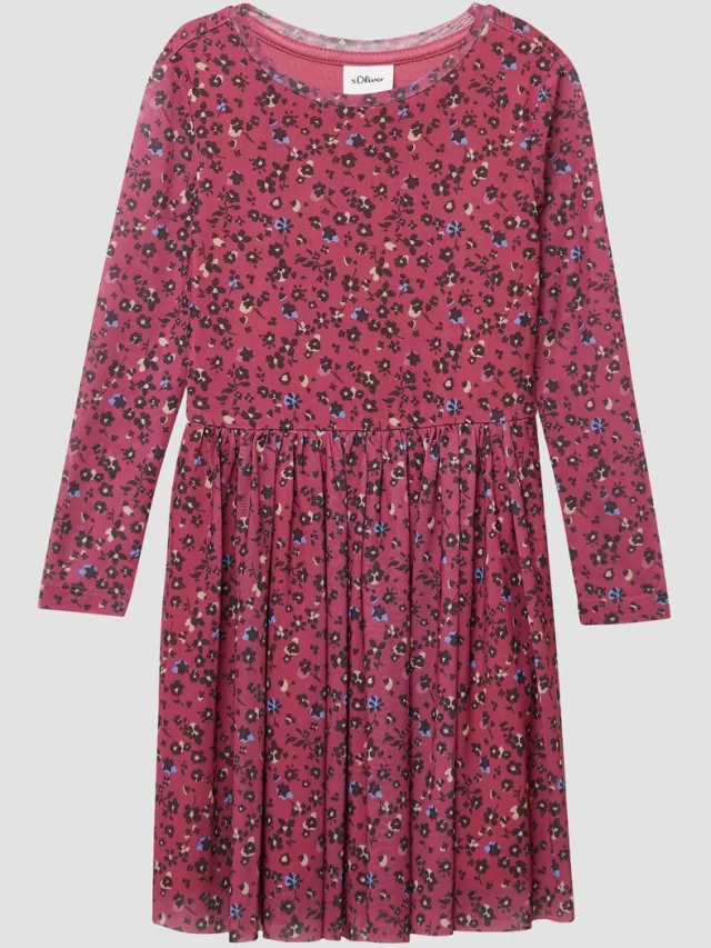 S.Oliver female - Jurk van mesh met lange mouwen, jersey voering en all-over print framboos