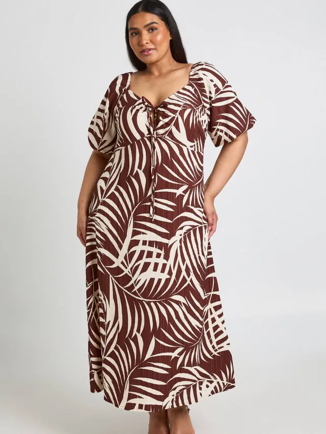 boohoo Dames Midaxi Jurk Met Palmbladprint, Textuur En Volumemouwen Chocoladebruin