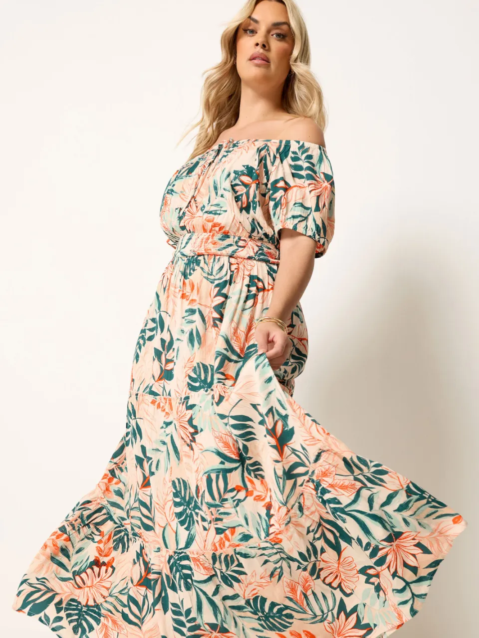 Yours Crèmekleurige Maxi Bardotjurk Met Strikhals, foto 3