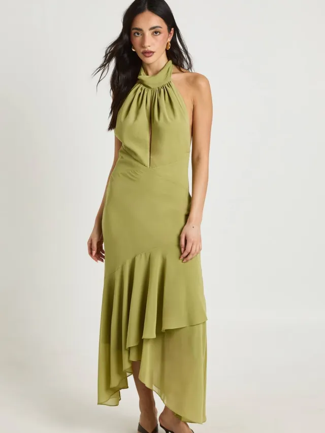 boohoo Dames Chiffon Hoge Hals Bloemendetail Asymmetrische Zoom Midaxi Jurk Olijf