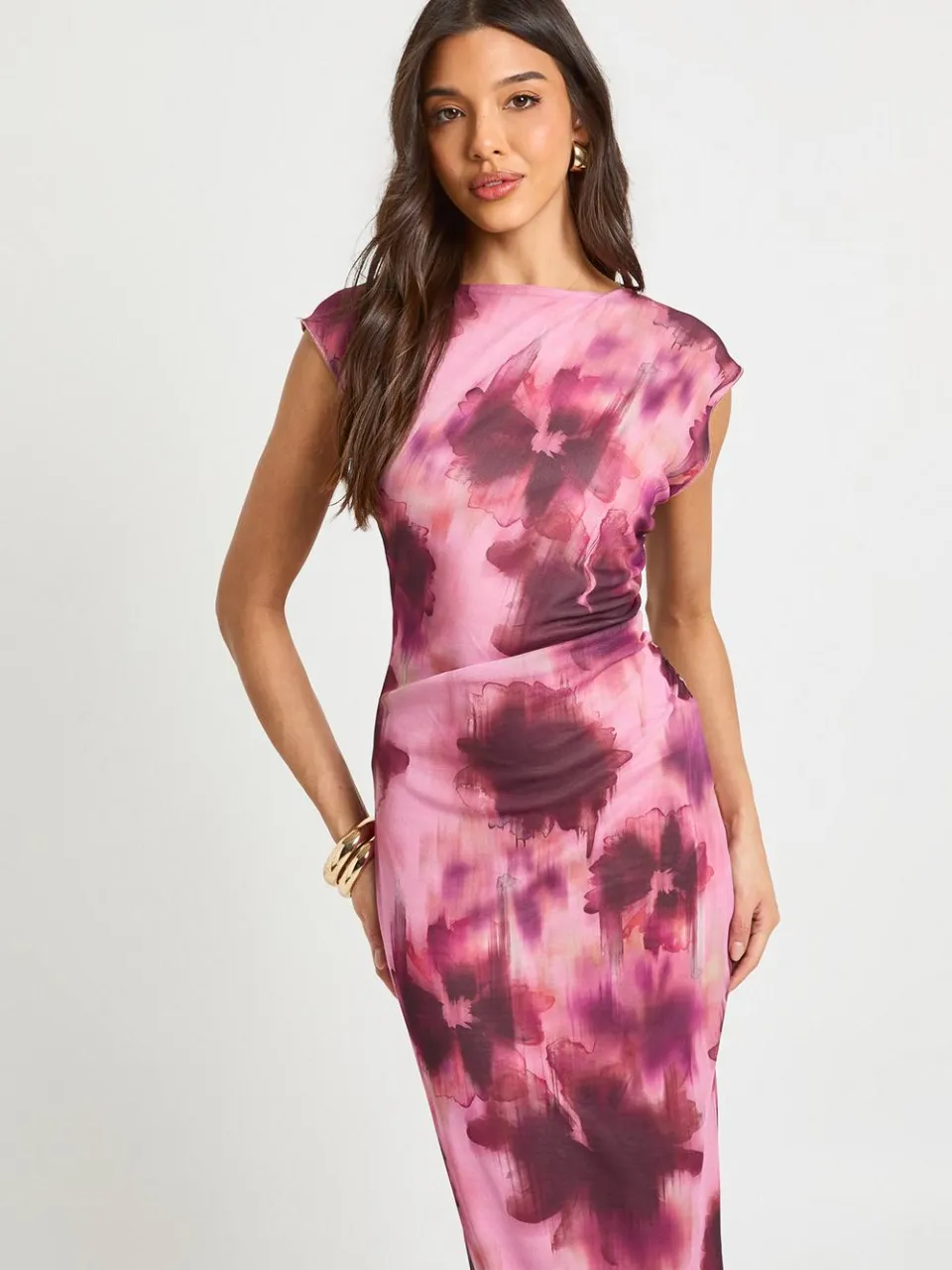 boohoo Dames Wazig Bloemenprint Getailleerde Mesh Maxi Jurk bordeaux rood, foto 3