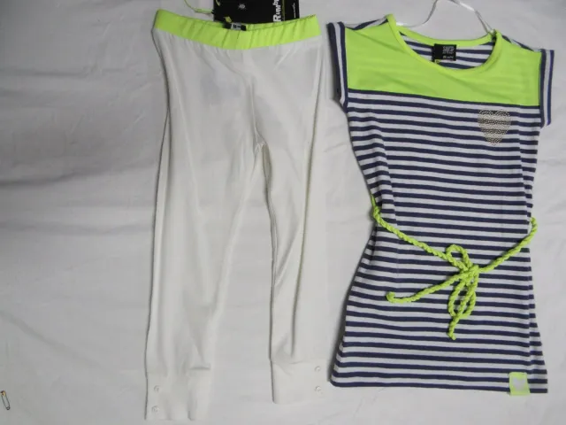 Rumbl , zomer jurk + legging , streepje blauw , creme, met fluor geel 104/110 4-5 jaar blauw ,gebroken wit ,geel