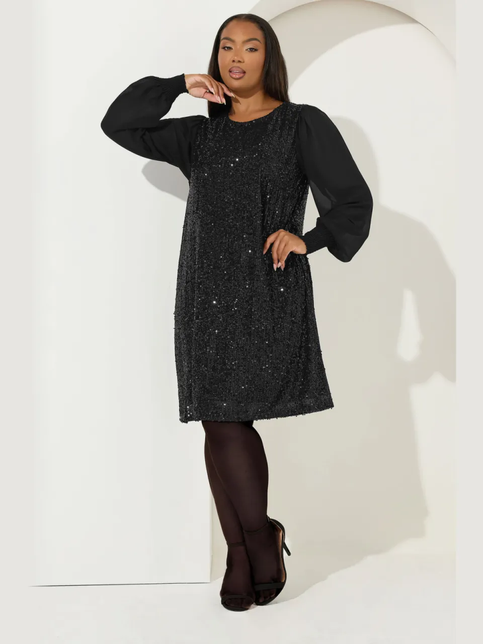 Yours Zwarte Sequin Swingjurk, foto 3