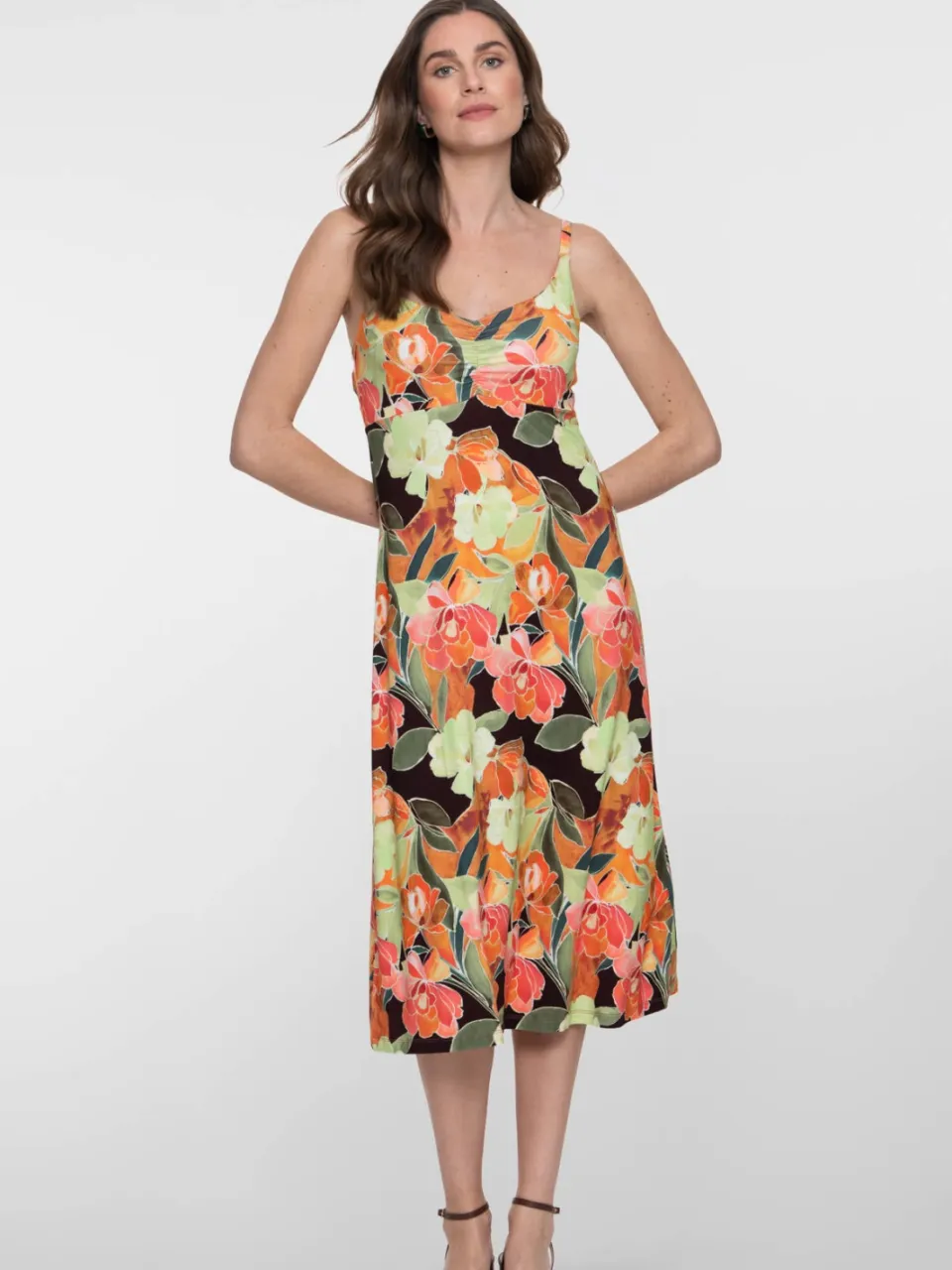 Geisha gebloemde zomerjurk oranje Zwart/oranje/roze