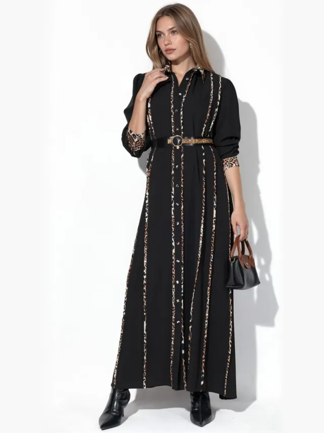 MSN Collection Leren Maxi Shirtjurk met Luipaardprint Zwart