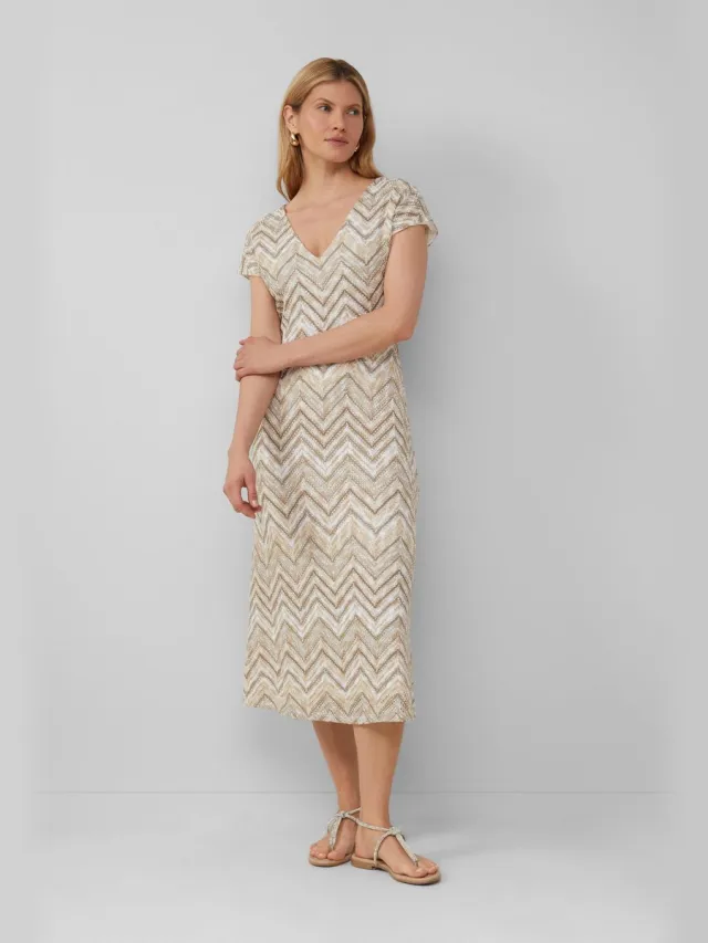 S.Oliver female - Getailleerde midi-jurk van gebreide jersey met V-hals lichtbeige