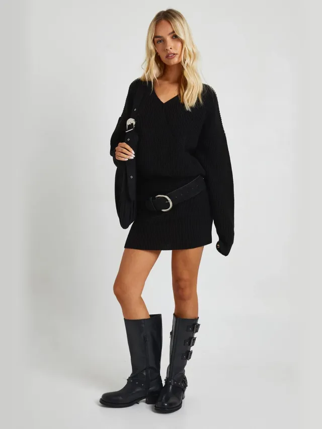 boohoo Dames Gebreide mini-jurk met omslag aan de voorkant Black