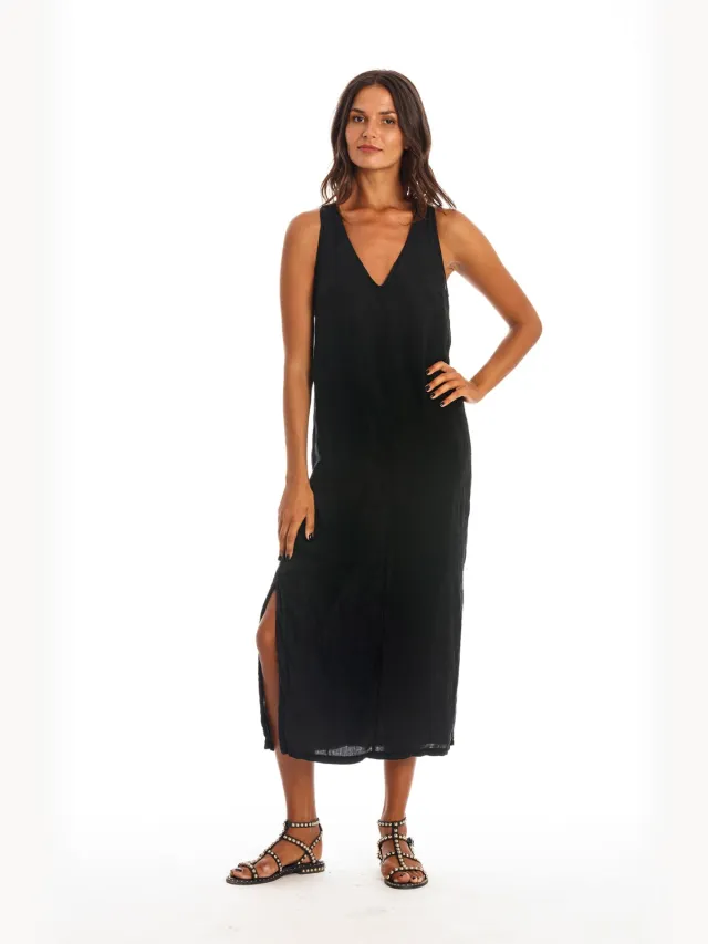 RAVENS VIEW IBIZA dames vegan Midi Jurk Winona Zwart