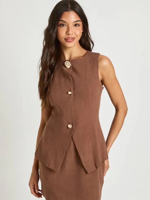 boohoo Dames 2-in-1 Linnen-look Getailleerde Mini Jurk Chocoladebruin