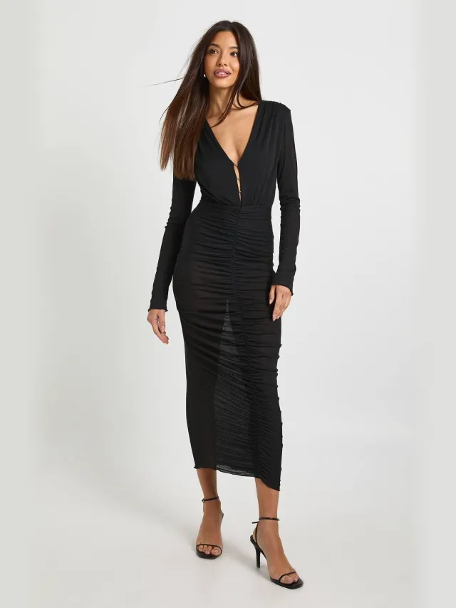 boohoo Dames Maxijurk met haak- en oogdetail en ruchering Zwart