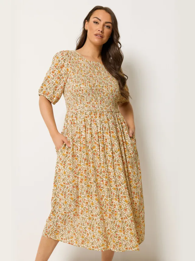 Yours Gele Jurk Met Kleine Bloemenprint En Plooitjes-56 Yellow