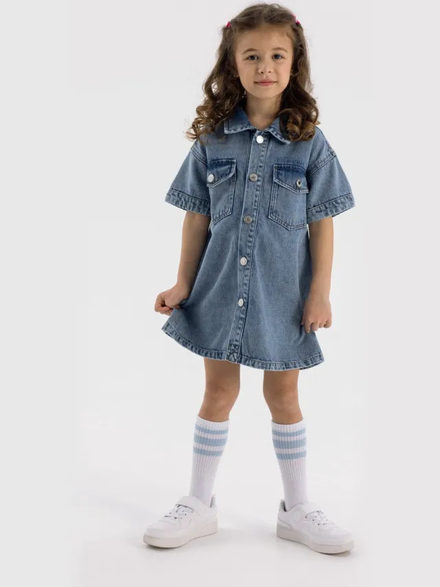 Minoti spijkerjurk meisjes korte mouw met kraag en klepzakken - blauw