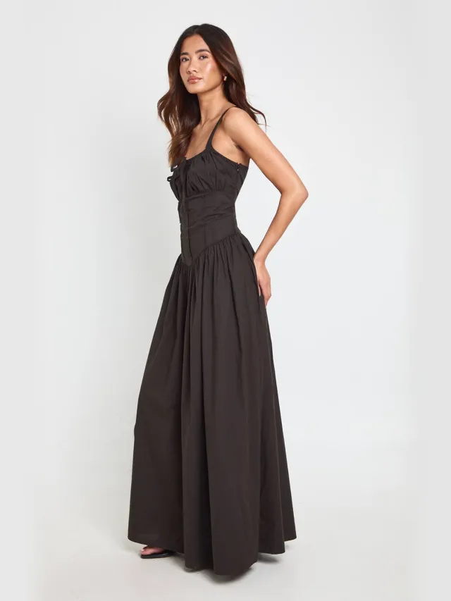 boohoo Dames Katoenen Poplin Melkmeid Maxi Jurk Zwart