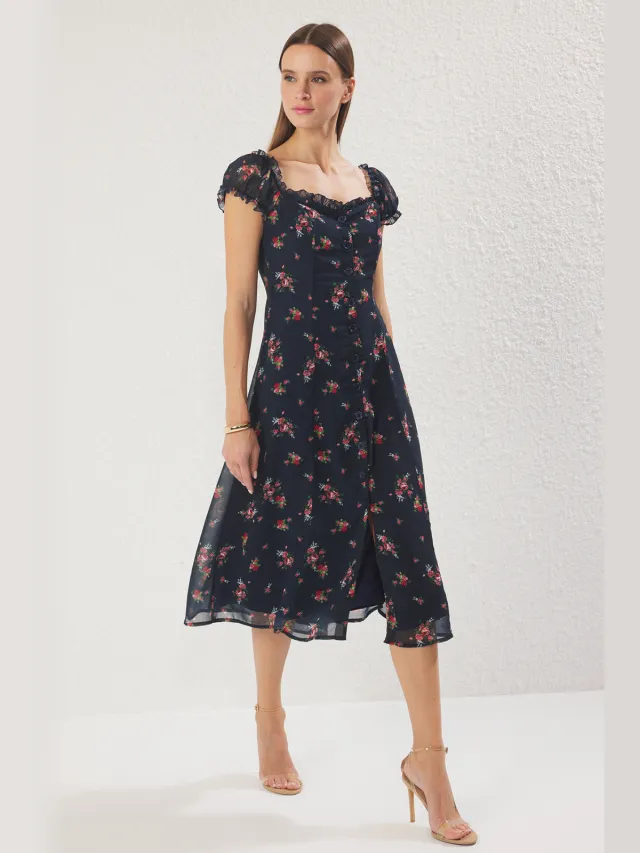 Trendyol TRENDYOLMİLLA Dames Donkerblauw Bloemen Midi Kort Casual A-lijn Jurken Marineblauw/Blauw