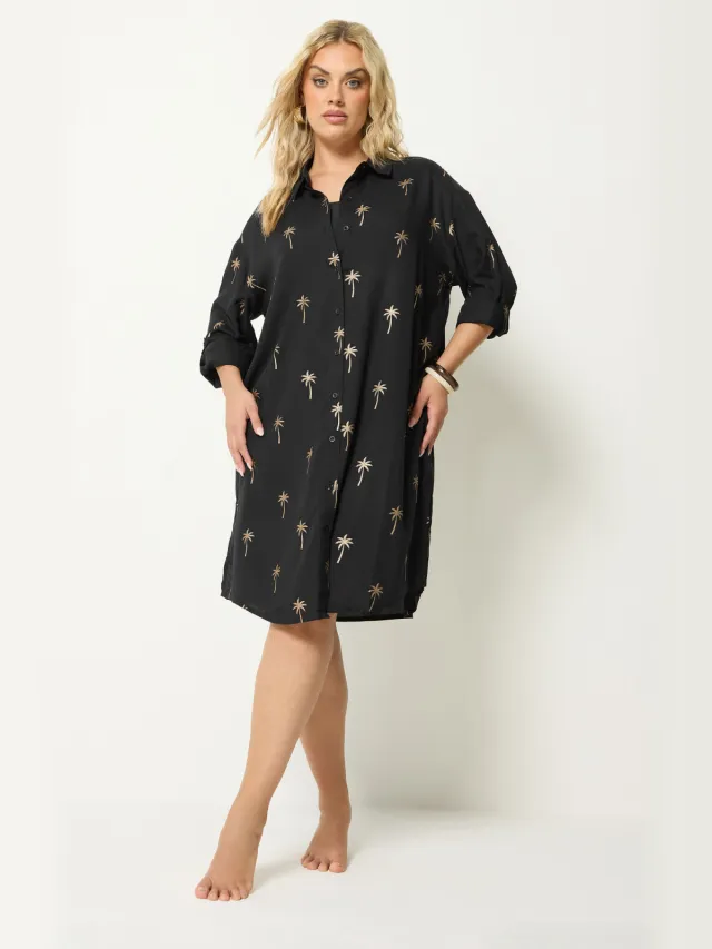 Yours Zwarte En Gouden Shirtjurk Met Palmboomprint-48 Black