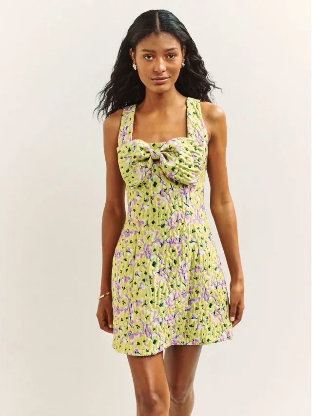 Next Dames - Mouwloze mini-jurk met strik - Geel Yellow Floral Jacquard