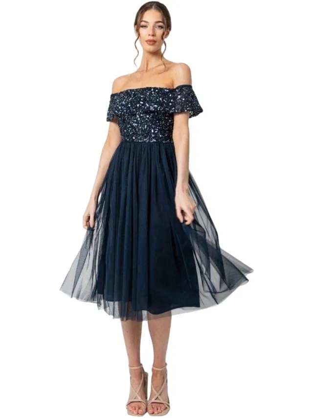 Maya Deluxe Dames/Maatschappij Sequin Bardot Korte Mouwen Midi Jurk (Marineblauw)