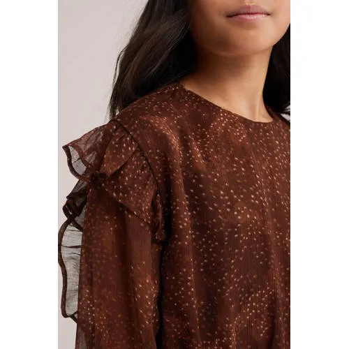 WE Fashion korte jurk met ruches bruin/ecru, foto 5