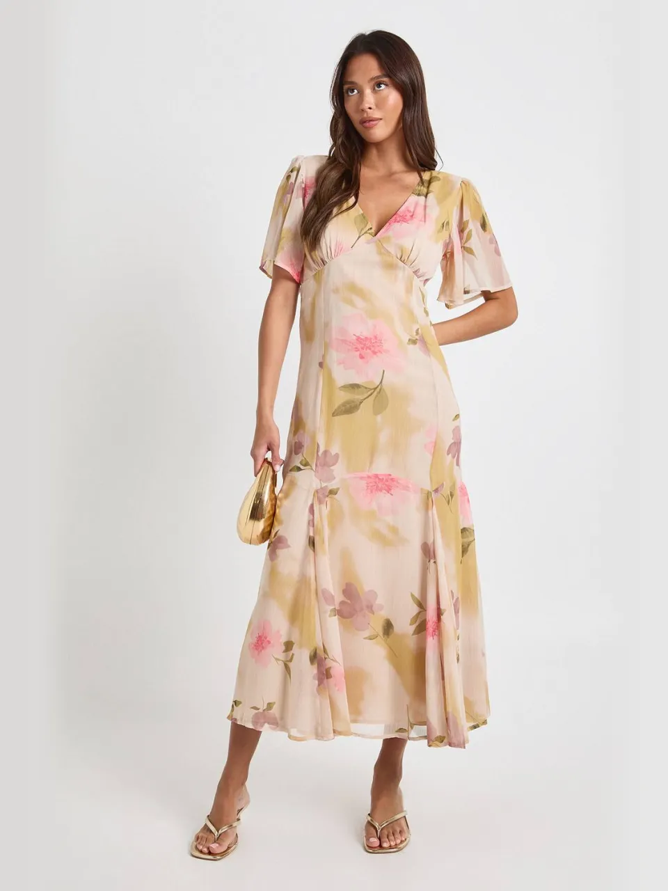 boohoo Dames Bloemige midaxi jurk met engelenmouwen crème, foto 3