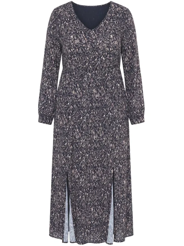 Ulla Popken Dames - Maxi-jurk A-lijn V-hals lange mouw - Zwart - Maat 58+