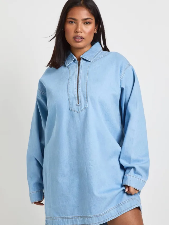boohoo Dames Plus Denim Rits Shift Jurk