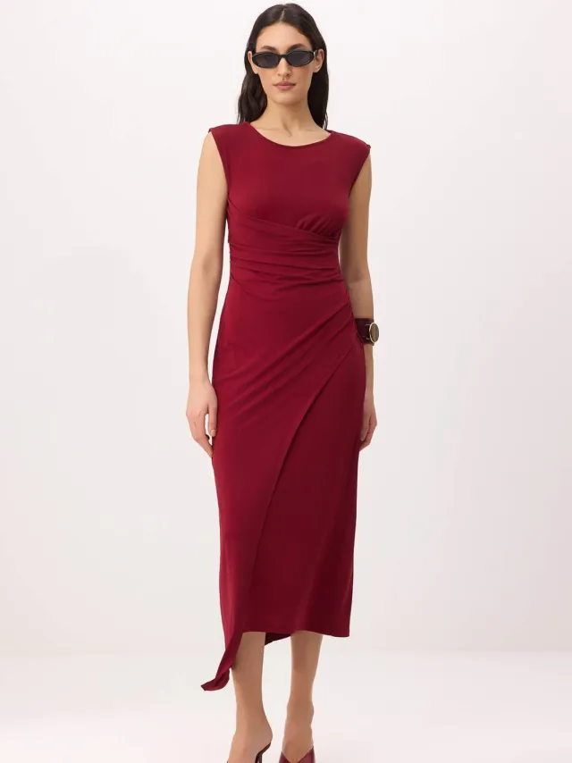 Trendyol TRENDYOLMİLLA Dames Bordeaux Effen Midi Mouwloos Zakelijk A-lijn Jurken Bordeauxrood
