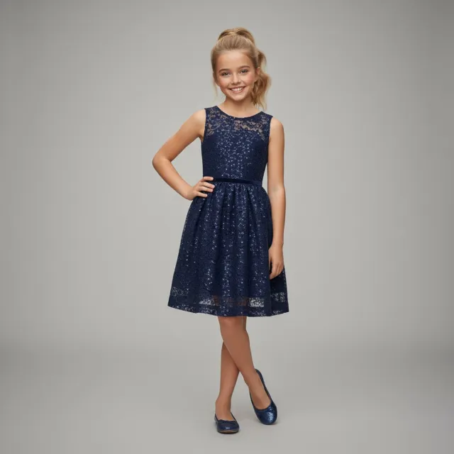 La V Elegante kant jurk met mouwloze Donkerblauw 164
