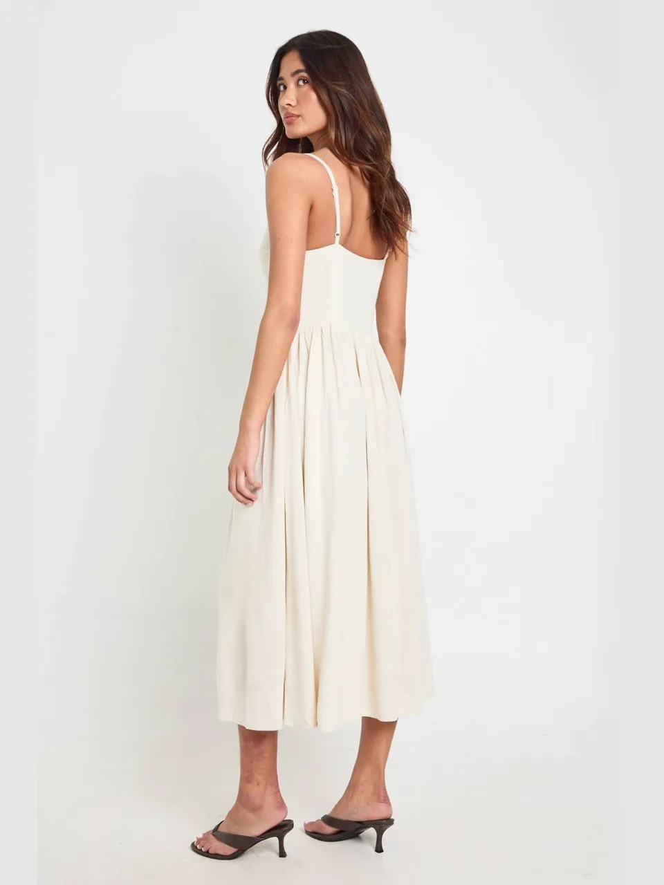 boohoo Dames Premium Linnen Corset Detail Midi Skater Jurk natural, foto 2
