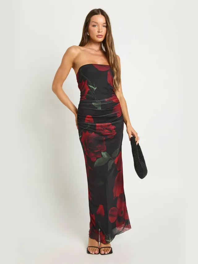 boohoo Dames Mesh Bloemenprint Bandeau Maxi Jurk Natural Black