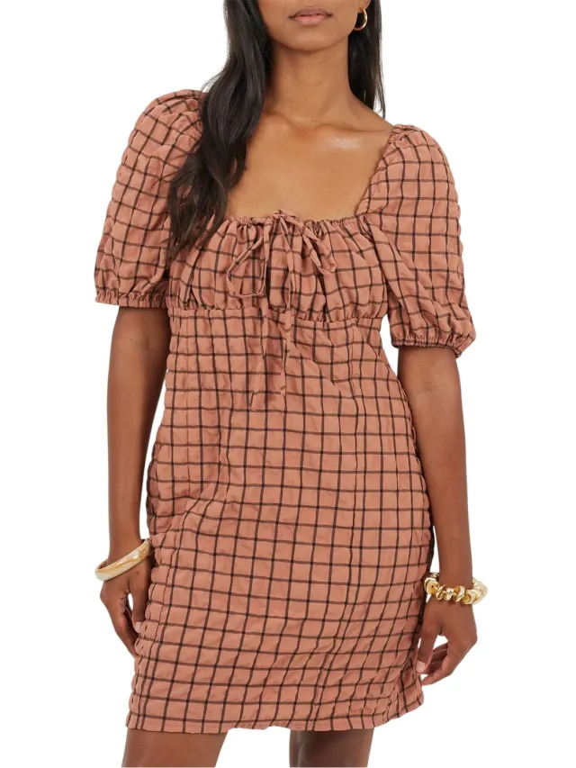 Brave Soul Mini-jurk voor dames met ruitjespatroon, vierkante halslijn en pofmouwen (Roest/Zwart)