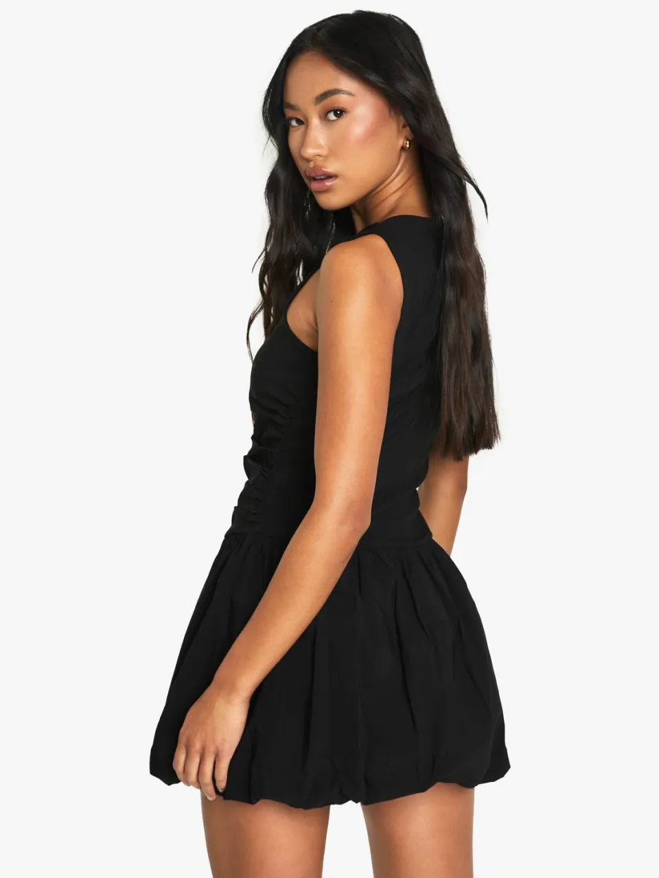 boohoo Dames Op maat gemaakte Slash Neck Puff Ball Mini-jurk zwart, foto 3