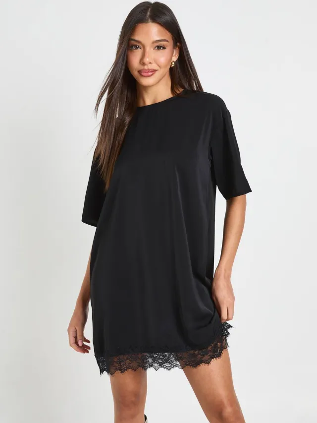 boohoo Dames Oversized Geweven T-shirt Jurk Met Kanten Zoom Zwart