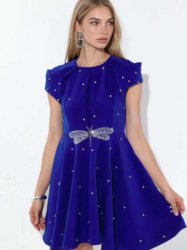 MSN Collection Dames A-lijn Mini-jurk met Pailletten Blauw