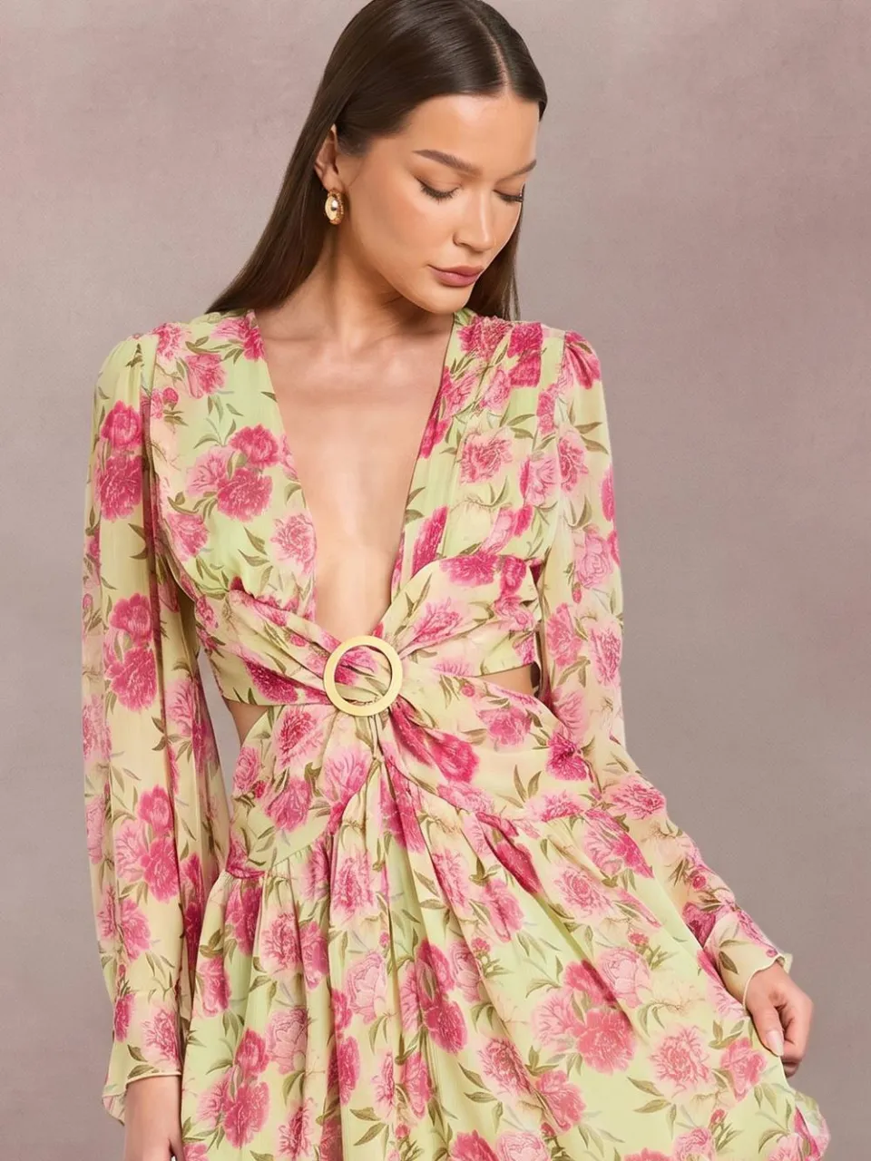 boohoo Dames Chiffon Bloemen Maxi Jurk Met Diepe V-hals Tot Op De Grond zachte limoen, foto 4