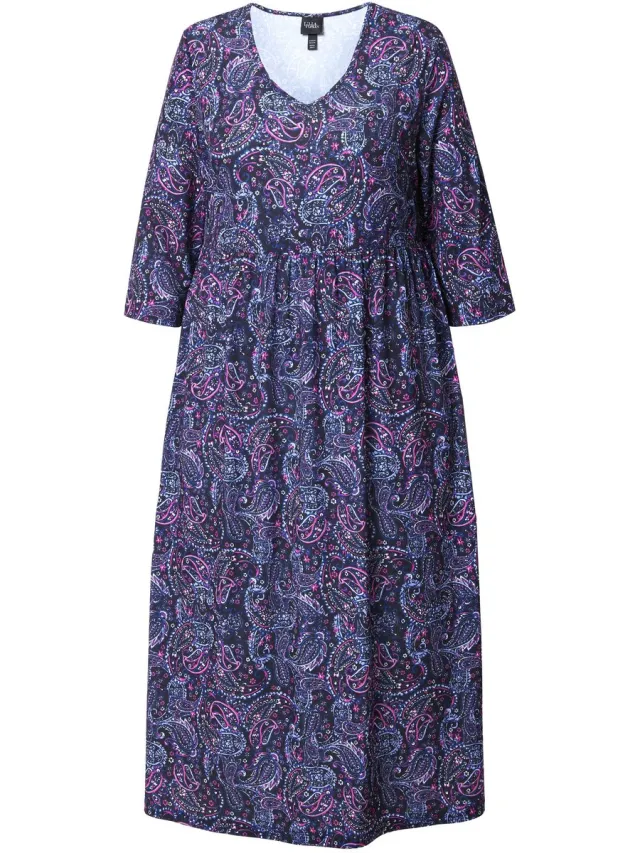 Ulla Popken Dames - Jersey jurk A-lijn V-hals 3/4-mouw - Zwart - Maat 54+