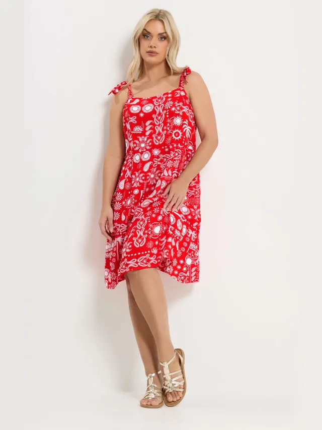 Yours Rode Gesmokte Linnen Jurk Met Gemixte Print Red