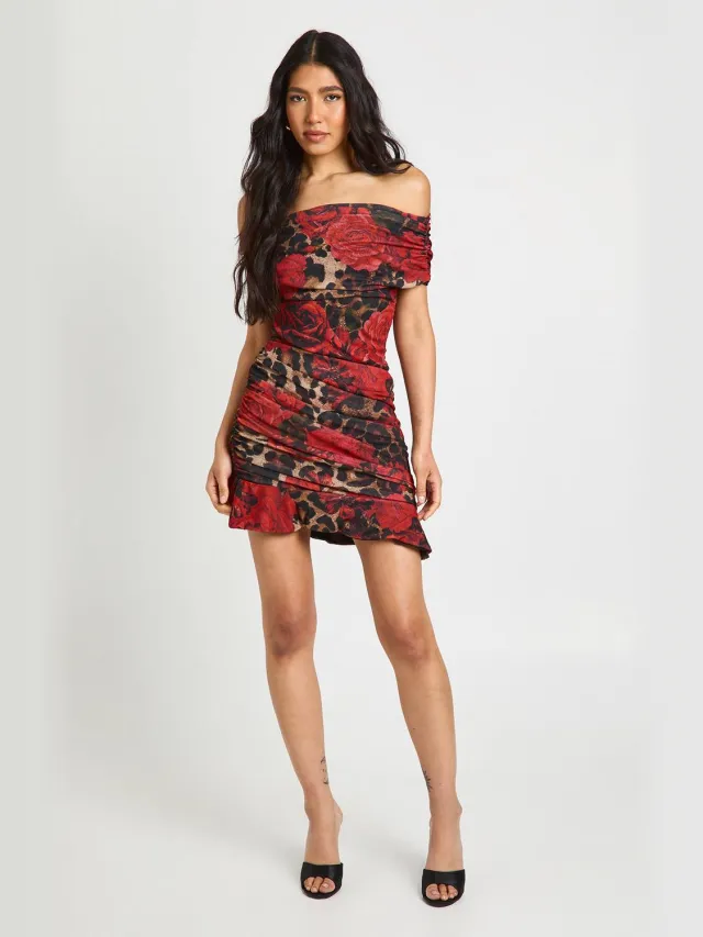 boohoo Dames Tall Leopard Bloemen Asymmetrische Gerimpelde Mini Jurk Luipaardprint