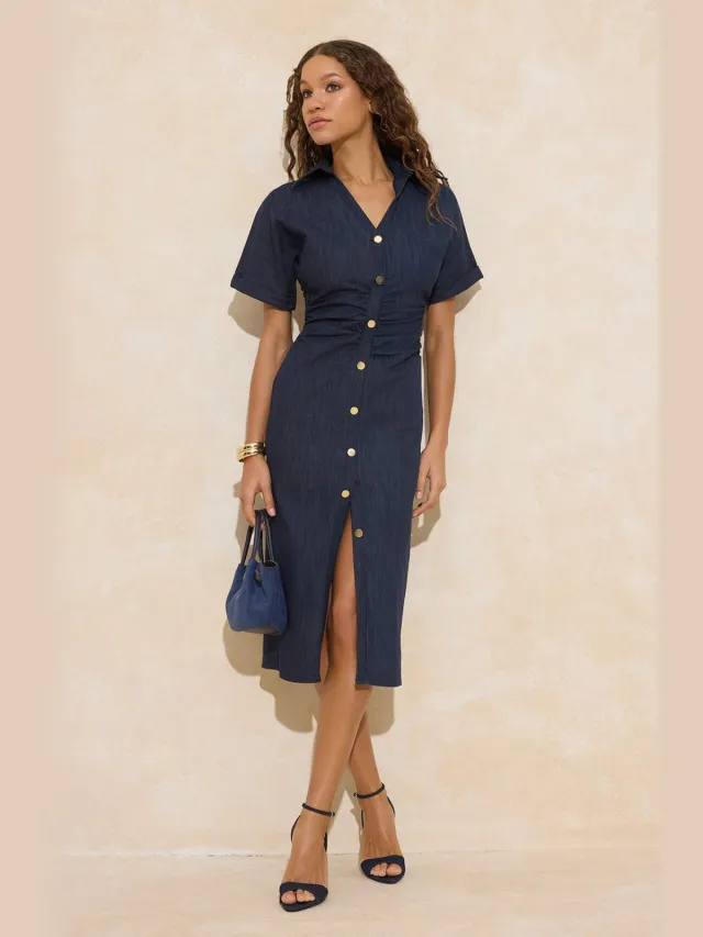 Trendyol TRENDYOLMİLLA Dames Donkerblauw Effen Midi Kort Avond / Dagelijks Blousejurk Jurken Marineblauw/Blauw