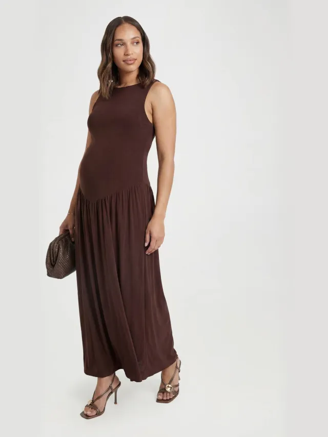 boohoo Dames Zwangerschaps Double Slinky Racerback Maxi Jurk Chocoladebruin