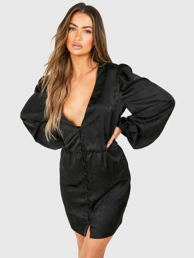 boohoo Dames Jaquard Blouson Sleeve Mini Dress Zwart