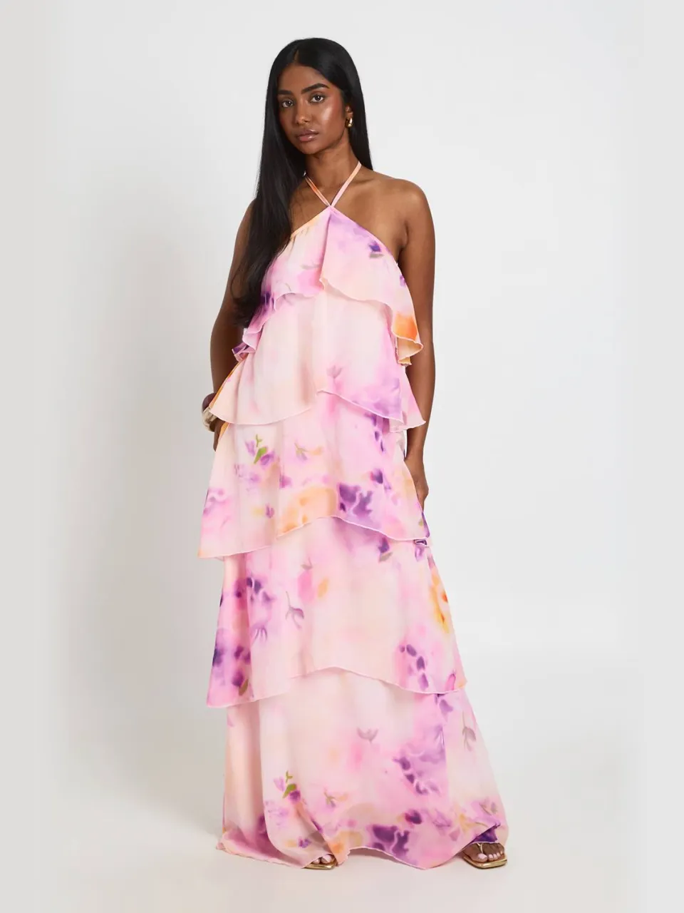 boohoo Dames Chiffon Gebloemde Gelaagde Halter Maxi Jurk roze, foto 3