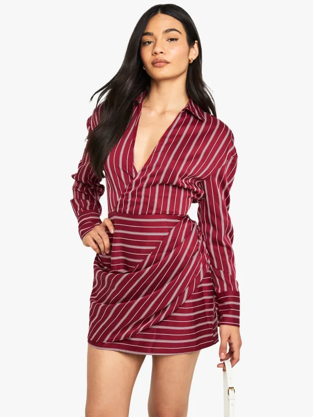 boohoo Dames Gestreepte wikkeloverhemdjurk Rood