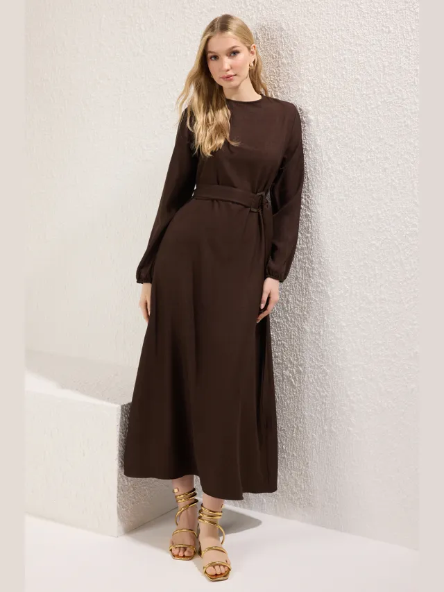 Trendyol Modest Dames Bruin Effen Maxi Lang Casual Skater Modest Jurken