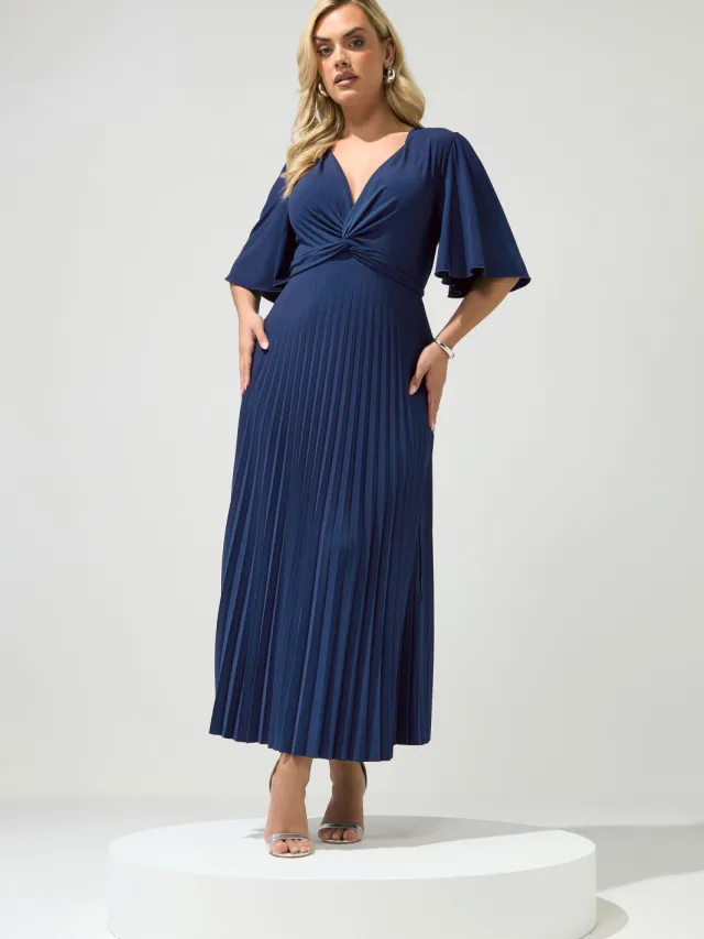 Yours London Marineblauwe Geplooide Maxijurk Met Knoop Blue