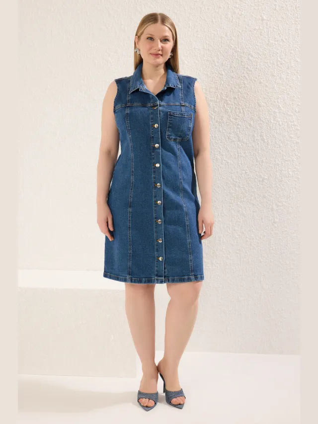 Trendyol Curve Dames Blauw Effen Kort / Mini Mouwloos Casual Recht Grote maten Jurk